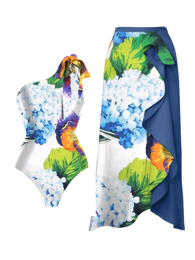 

One Shoulder Floral Print One-Piece Swimsuit And Cover Up