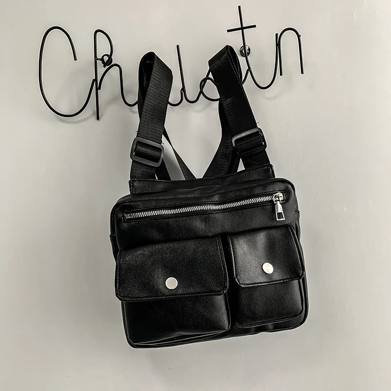 Leather Functional Tactical Chest Bag For Men Fashion Streetwear Hip Hop Vest Bag Casual Waist Pack Black Brand Man Back Rig Bag