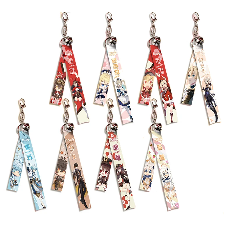 

Game Genshin Impact Streamer Keychain Diluc Klee Venti Keqing Zhongli Cartoon Webbing Keyring Cosplay Backpack Bell Bag Pendant