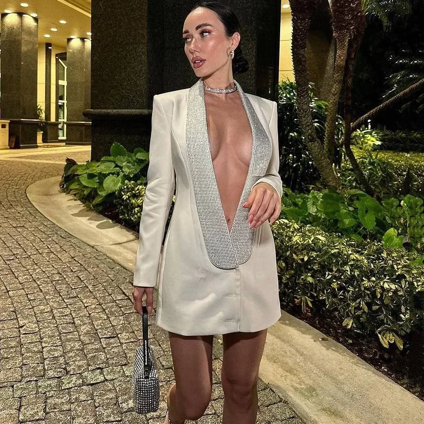 Новинка 2023 модный INS уникальный длинный пиджак с открытой спиной и v-образным