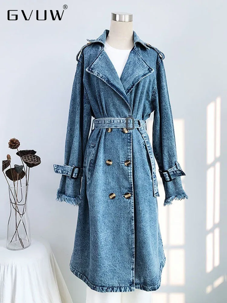 

GVUW 2023 Fall Mid-length Denim Trench For Women Belt Frayed Burrs Long Sleeve Casual Vintage Cowboy Windbreaker Female 17G2111