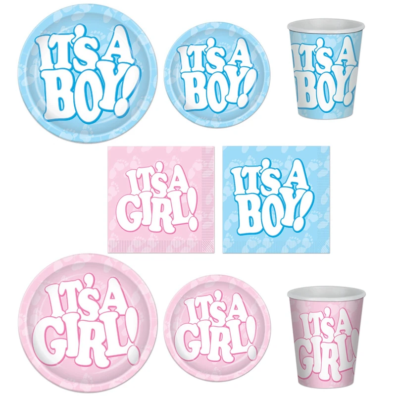 LuanQI Blue Pink Disposable Party Tableware Boy Girl Birthday Party Tissue Paper Plate Mug Baby Shower Decorations Dinner Plate