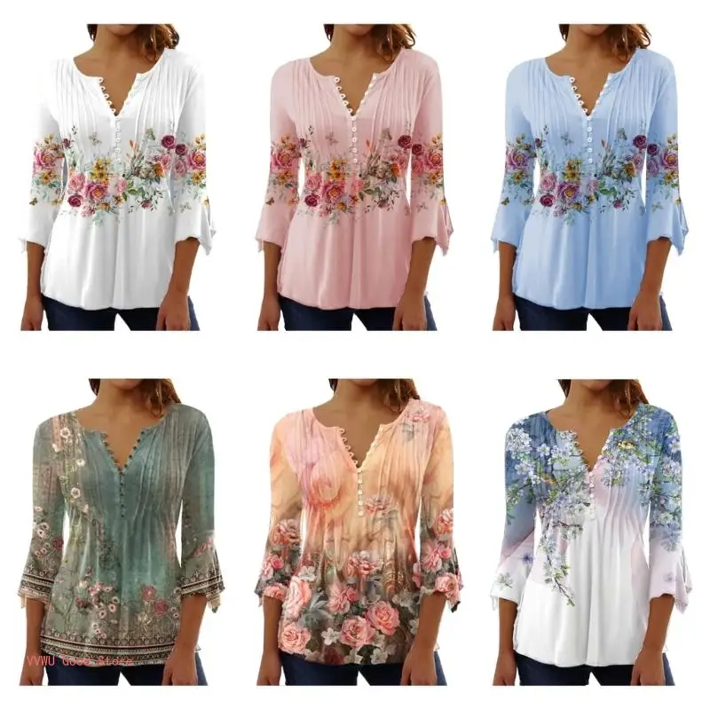 

Women Ruffle 3/4 Sleeve Tunic Top Button Up Boho Floral Pleated Flowy T-Shirts