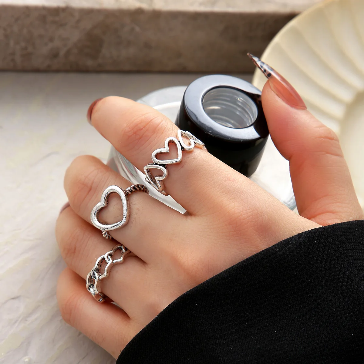 

Silver Colour Hollowed-out Heart Shape Adjustable Ring Cute Fashion Love Jewelry For Women Young girl's Gift Simplicity Minority