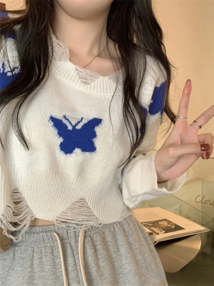

Korobov Y2k Clothes Butterfly Jacquard Knitted Crop Tops Vintage Autumn Hole Lazy Style New Sweater Fashion Sueters De Mujer
