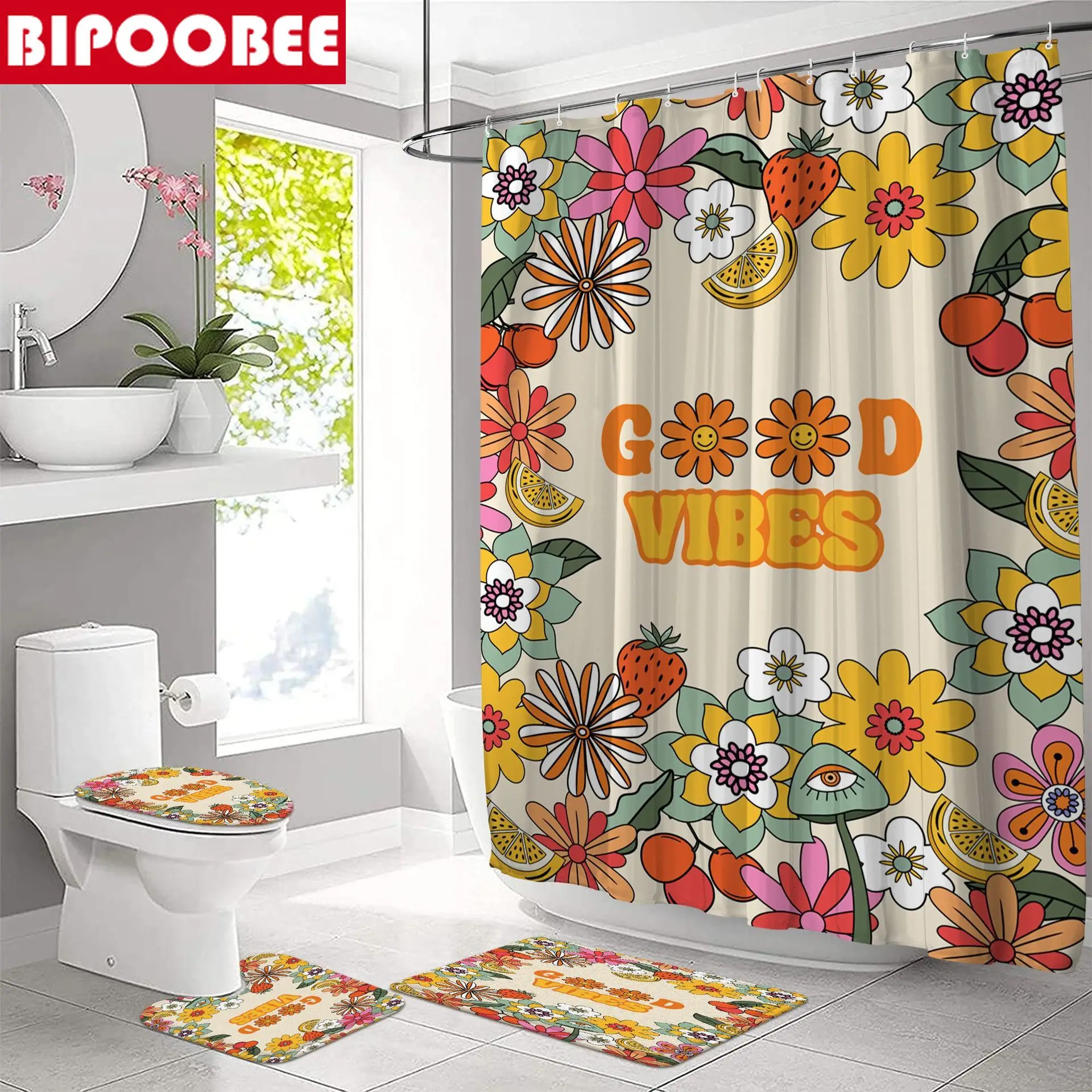 

Good Vibes Flower Plant Shower Curtain for Bathroom Decor Autumn Pastoral Bath Mats Mushroom Anti-skid Rugs Toilet Cover