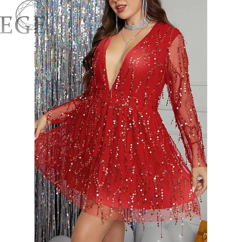 2022 New Plus Size Red Shiny Sequin Long Sleeve Dress 4xl 5xl Sexy Prom Club Luxury Plus Size Dress