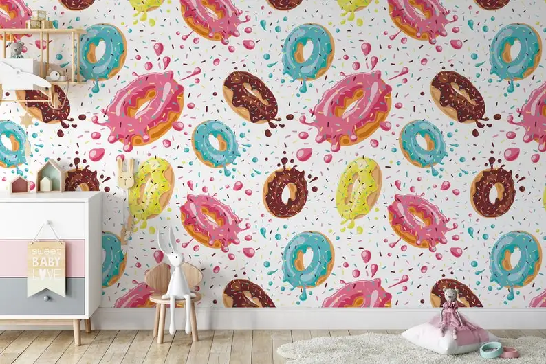 Donuts Pink Chocolate Lemon Blue Mint Wallpaper Self Adhesive Peel and Stick Home House Wall Decoration Scandinavian Design Remo