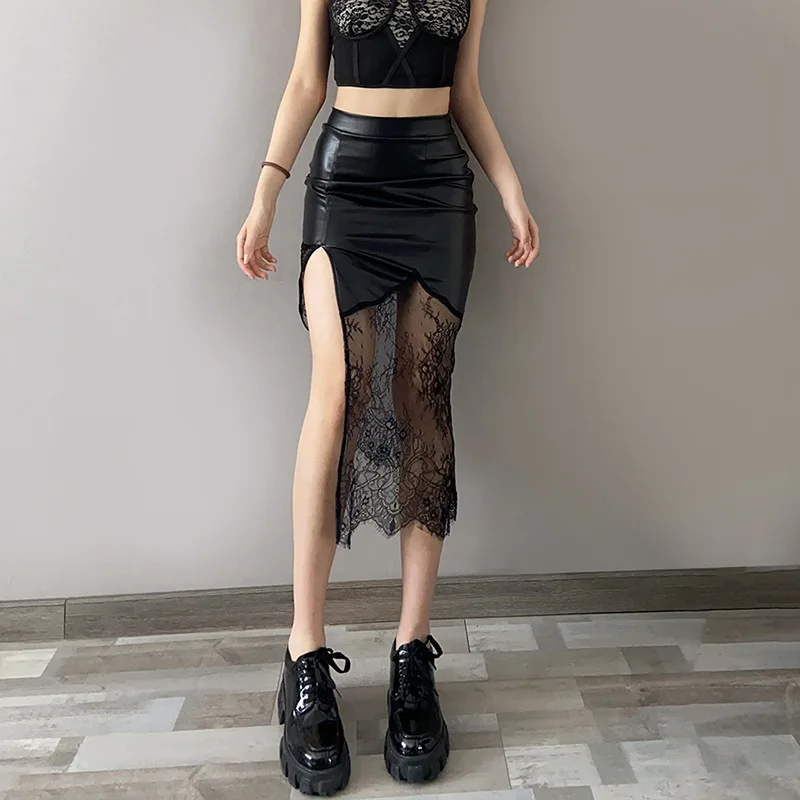 

Black Sexy Party Club High-waisted Long Skirt Summer Design Irregular Sense of Self-cultivation PU Leather Lace Stitching Skirt