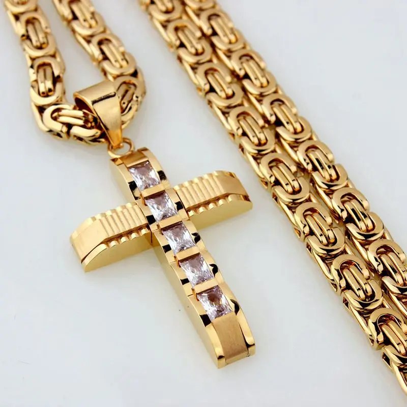 

Mens Stainless Steel Gold Cross Zircon Pendant Necklace Flat Chain Tone 6mm 22inch