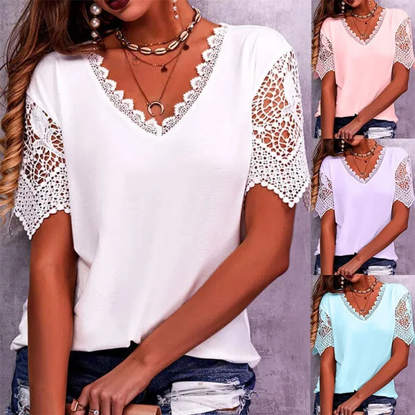 

European and American women's lace splicing loose V-neck short sleeve T-shirt women clothing tops oversized t shirt