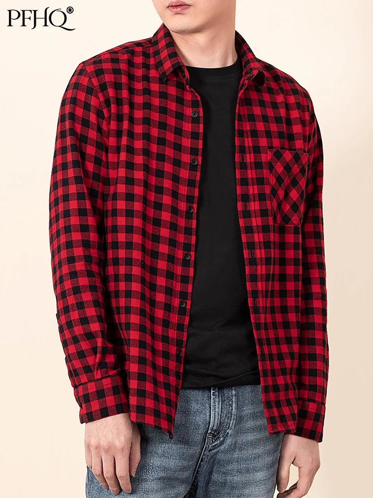 

PFHQ Everyday Personality Facecloth Vintage Frayed Plaid Decorated Men's Shirt 2022 New Fashion Cotton Panelled Casual Tops