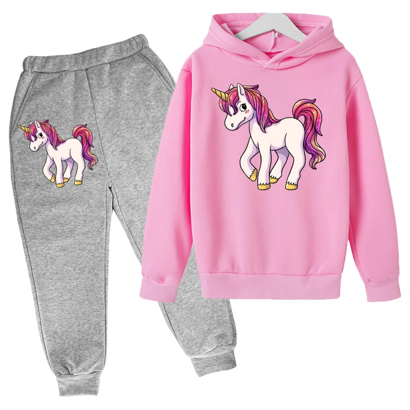 

Spring and Autumn Girls Pink Unicorn Print Cotton Hooded Sweater Pants Set Girls Warm Clothes