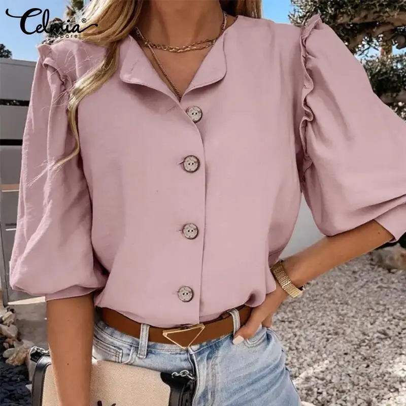 

Женская туника с длинным рукавом-фонариком, V-образным вырезом и пуговицами