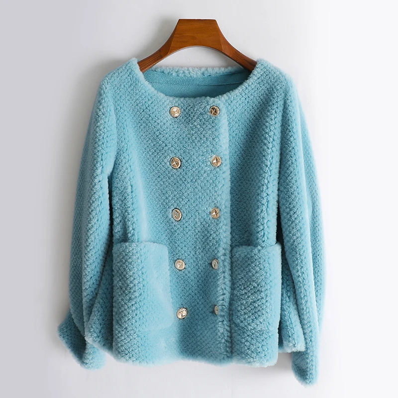 GOURS Winter Genuine Shearling Jackets for Women Fashion Blue Natural Wool Real Fur Overcoats Thick Warm Soft New Arrival LD6612