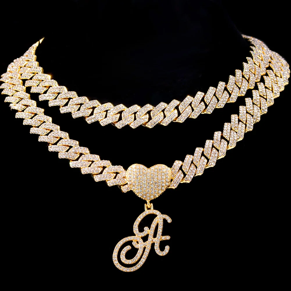 

Iced Out Full Rhinestones Cursive Initials Pendant Necklace For Women Men Hip Hop Prong Cuban Link Chain Letter Necklace Jewelry