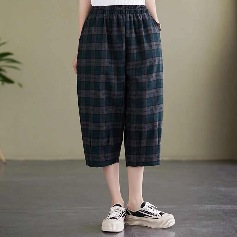 Женские клетчатые брюки до щиколотки повседневные свободные из хлопка и льна с