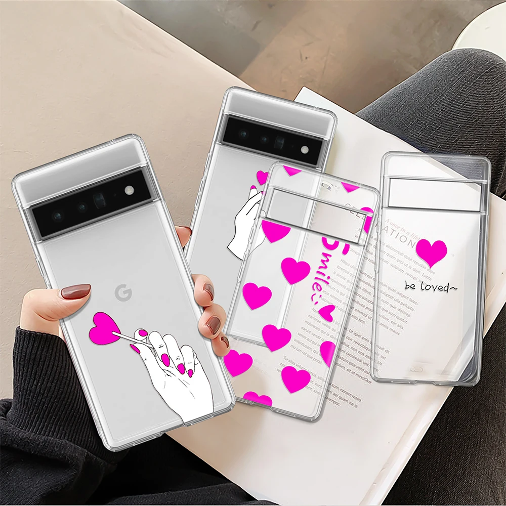 

Pink Love Heart Case for Google Pixel 7Pro 7 6a 6 6Pro 5 5a 5G 4XL 4 2 3XL 2XL 3 3a 3aXL 4a Transparent Soft TPU Bumper Fundas