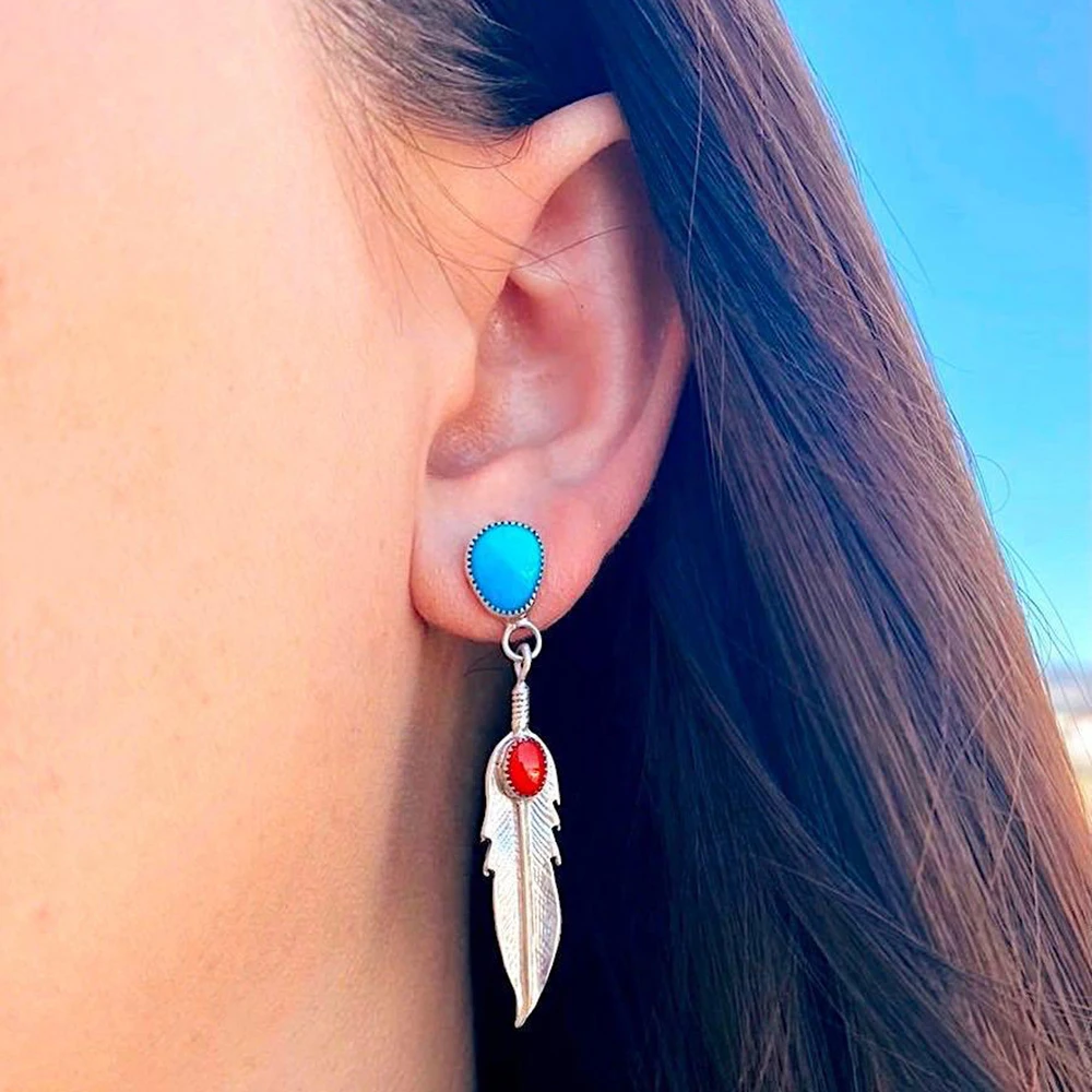 

Bohemian Feather Drop Earrings For Women Vintage Ethnic Style Inlaid Natural Stone Stud Earrings Ladies Jewelry Gift