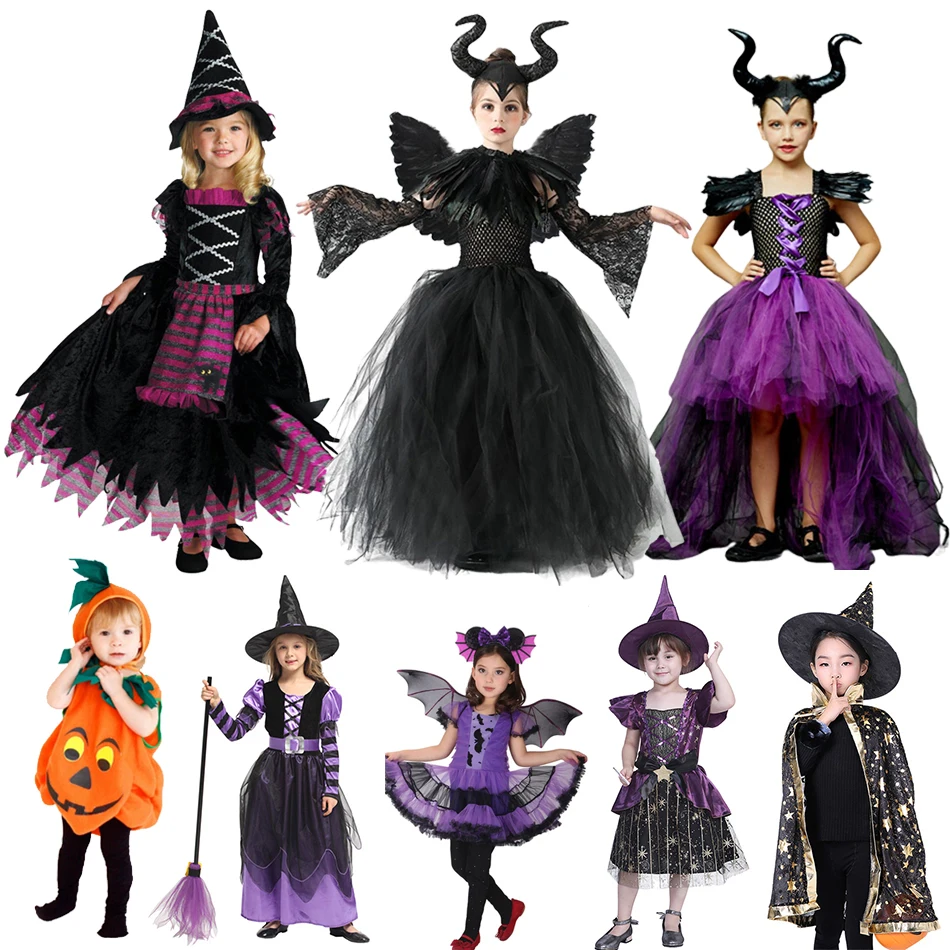 

Kids Girls Halloween Costume Witch Dress Carnival Party Children Vampire Maleficent Cosplay Costume Gothic Girl Tutu Dress