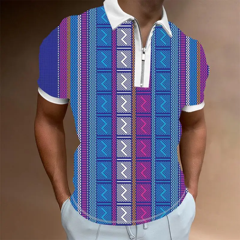 

New Summer Men's Polo Shirts Short Sleeves Casual Street Fashion Zip Sweater Retro Print Men