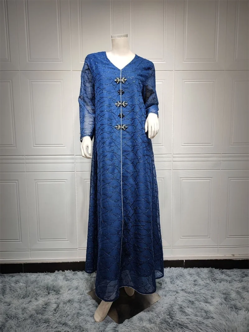 Dresses For Women 2022 V-Neck Long Sleeve Mesh Rhinestone Beaded Belted Morrocan Kaftan Dress Muslim Clothing For All Season