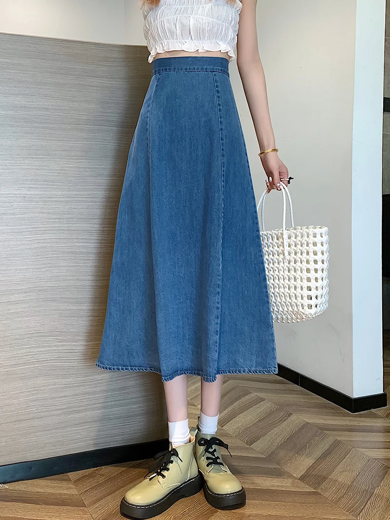

TIGENA Long Denim Skirt Women 2022 Spring Summer Korean Simple Solid All-match Back Zipper A Line High Waist Skirt Female Lady