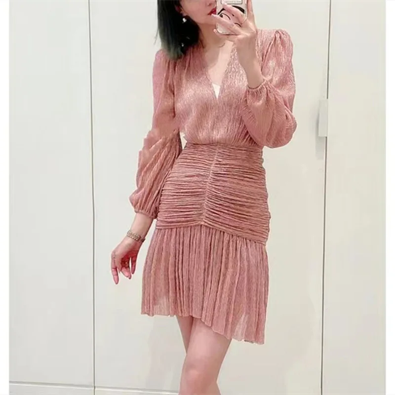 

Women's Mini Dress V-neck Pleated Long Lantern Sleeve Fashion Solid Robes Elegant Vintage New