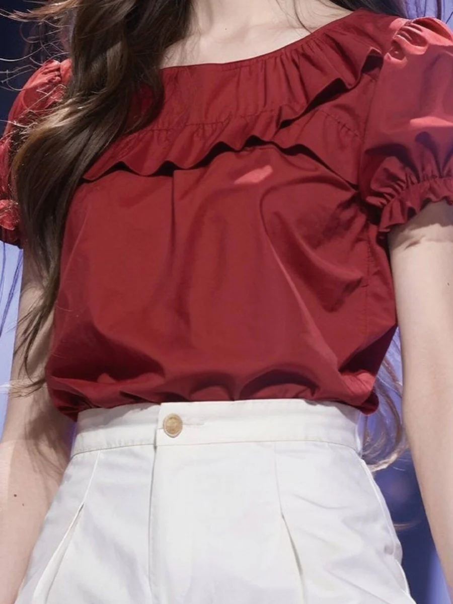 Женская рубашка с коротким рукавом красная оборками во французском стиле Милый