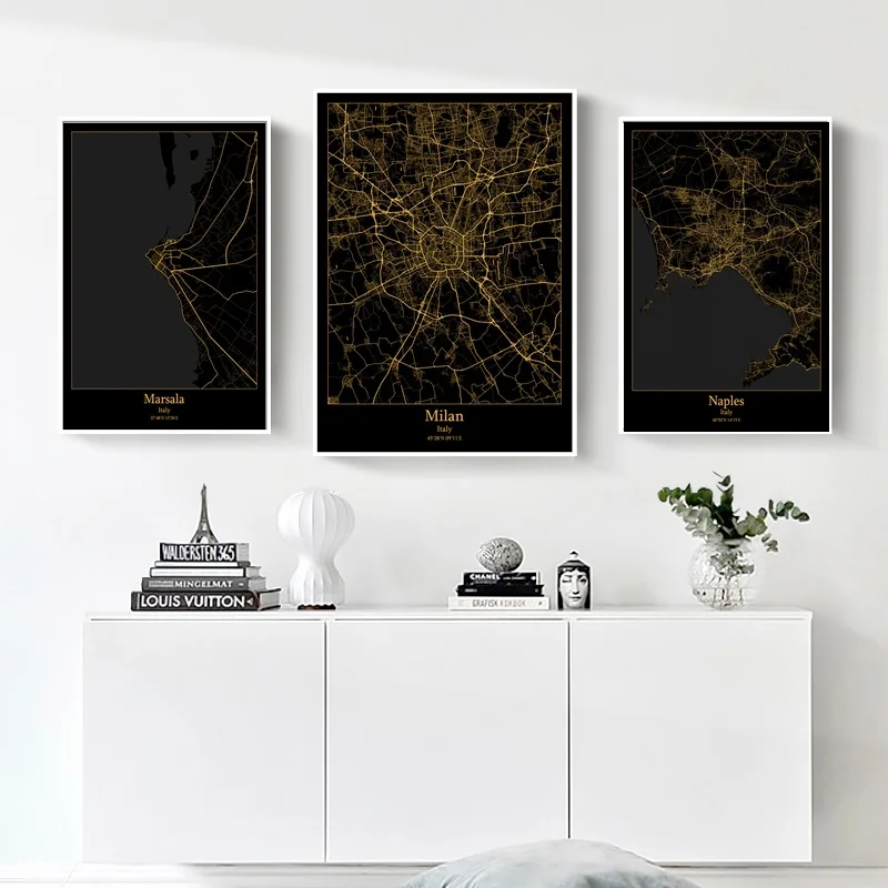 

Marsala, Милан, Неаполь, падуа, Палермо, Италия Современная Золотая карта города плакат и печать холст искусство стены домашний декор