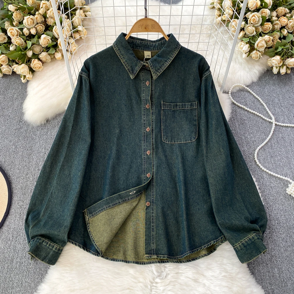 

SuperAen Retro Blue Denim Shirt Women 2023 Spring and Autumn New Loose Casual Joker Design Shirt Jacket Coat