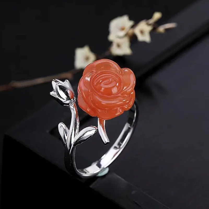 

Exquisite craftsmanship rose carnelian adjustable ring Chinese style retro romantic classical light luxury charm women's jewelry