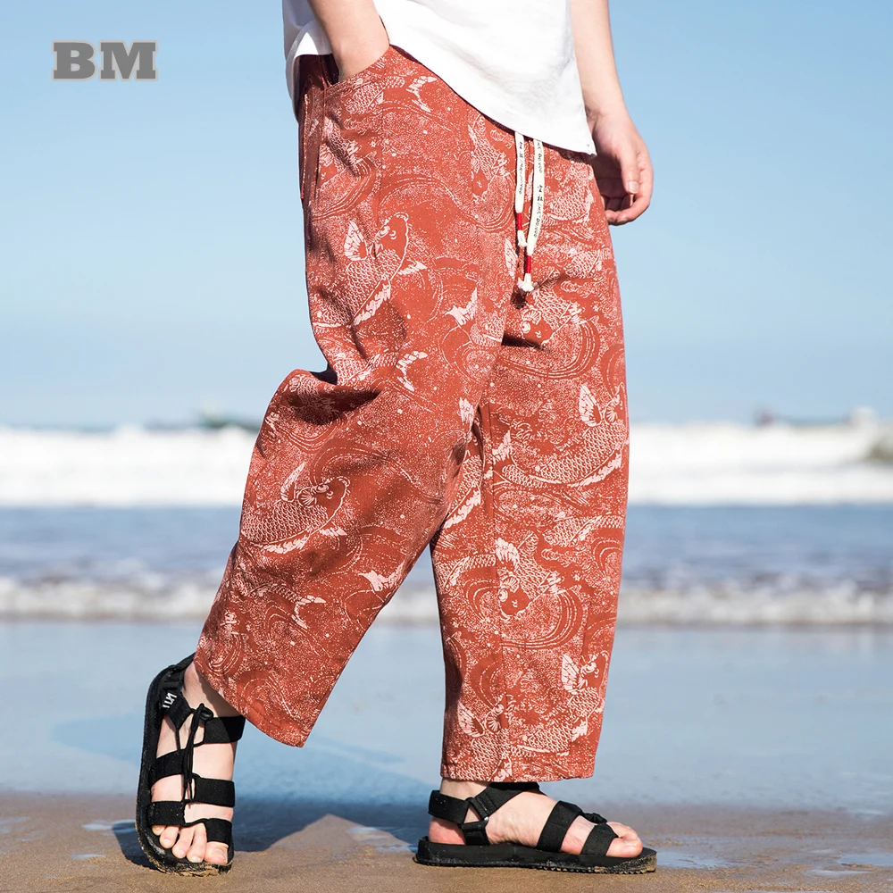 

Китайское традиционное платье с принтом карпа, укороченные брюки, свободные женские повседневные Прямые брюки-карго, мужская одежда в стиле Харадзюку 2022