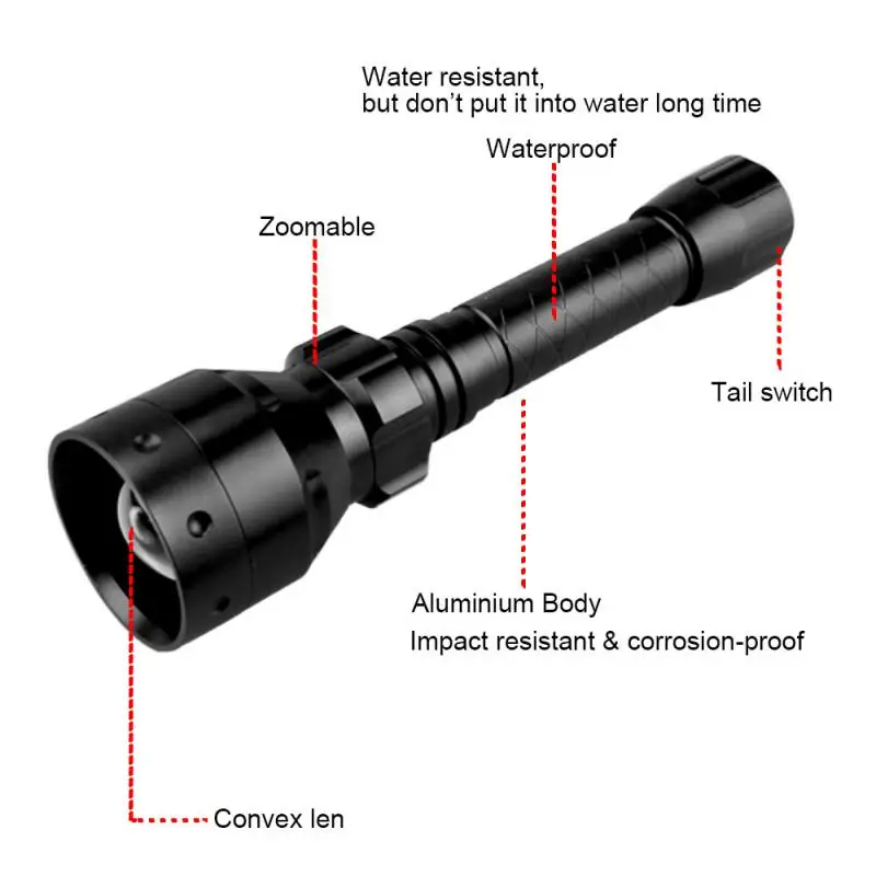

LED Flashlight Strong Light Infrared Zoom Flashlight Portable Long Range Waterproof Outdoor Hunting Hiking Emergency Lighting