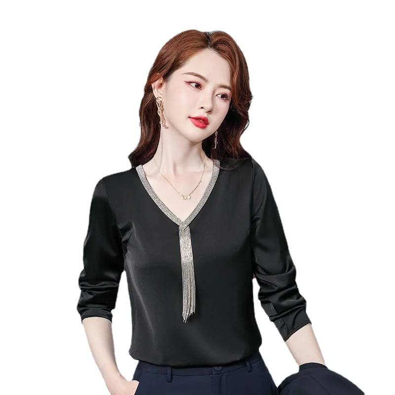

Spring/Autumn Black V neck Polyester Tees Women's Fashion Satin Tops For Women Full Sleeves SATIN T-shirt Solid Casual Clothing