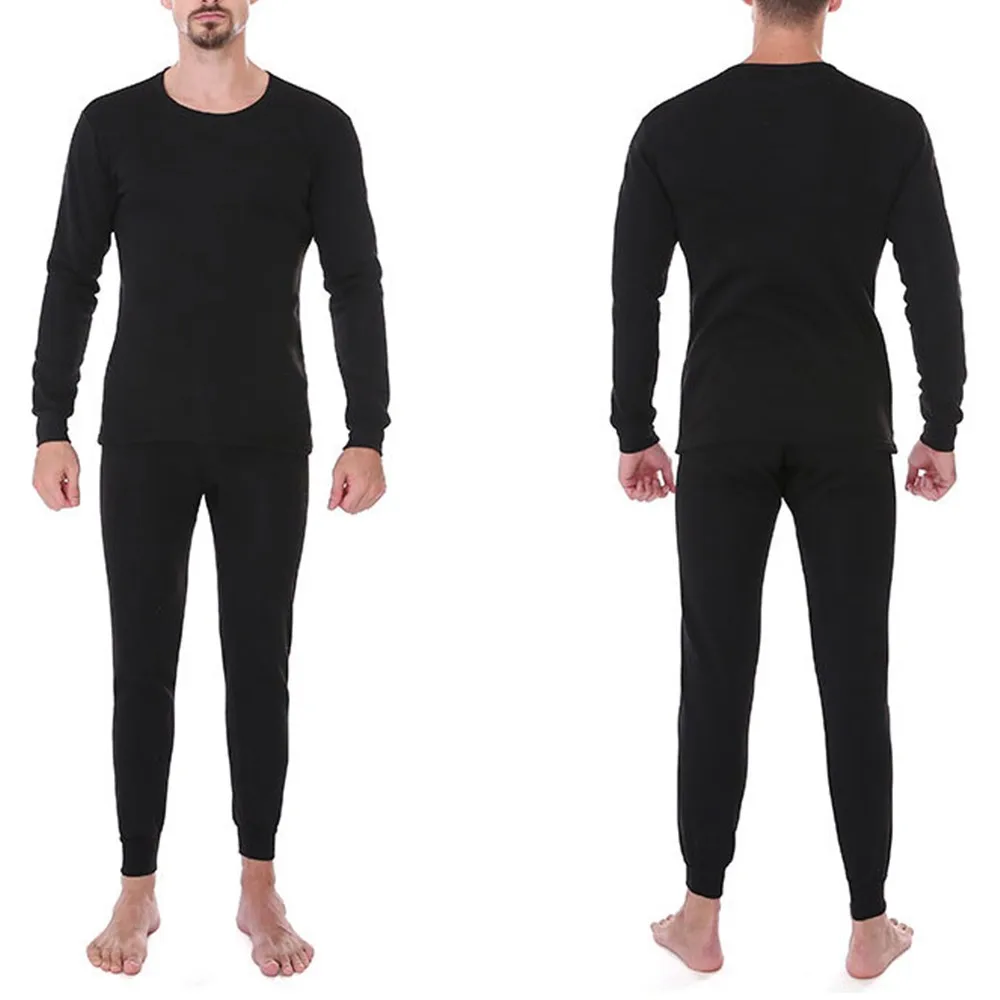 

Fleece Lined Sleepwear Set Long Mens Polyester Round Neck Top + Pants Ultra-Soft Underwear Set Warm Sale Comfort