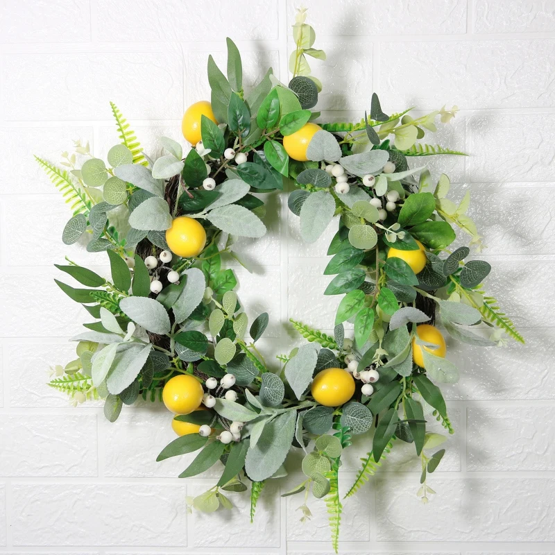 

40CM Spring Summer Lemon Wreath for Front Door Flower Frame Garland Welcome Decor for Home Farmhouse Outside Outdoor Garlands