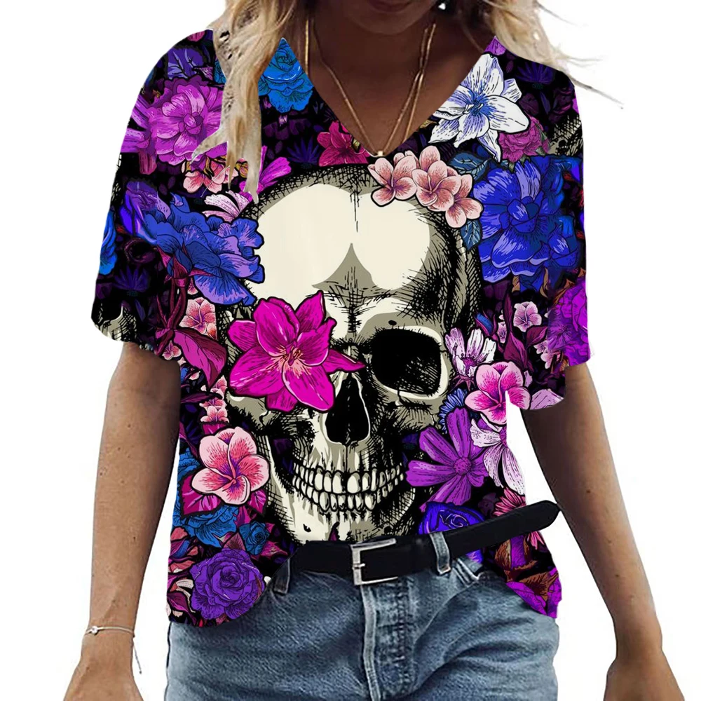 

Женская футболка с коротким рукавом, V-образным вырезом и 3D-принтом черепа