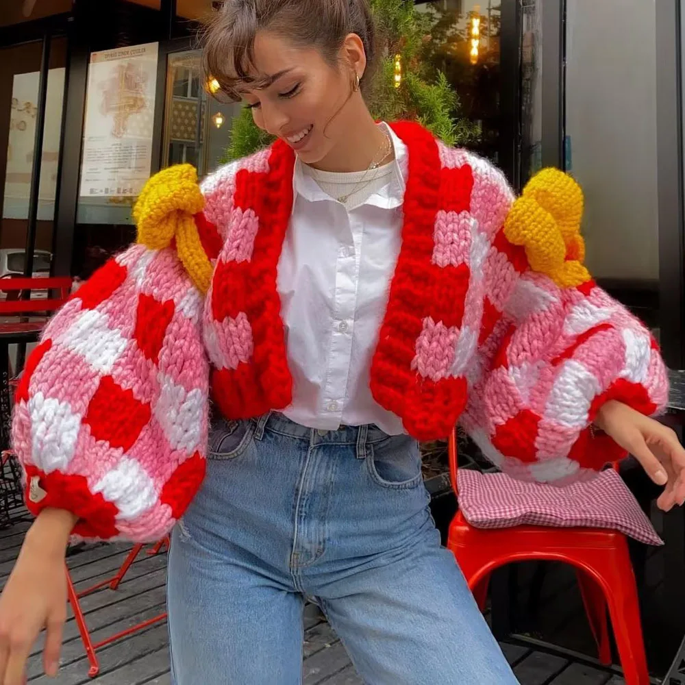 

Женский кардиган в клетку, с длинным рукавом и бантом