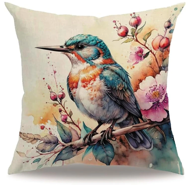 

Геометрическая наволочка с птицами и цветами 40x40 см