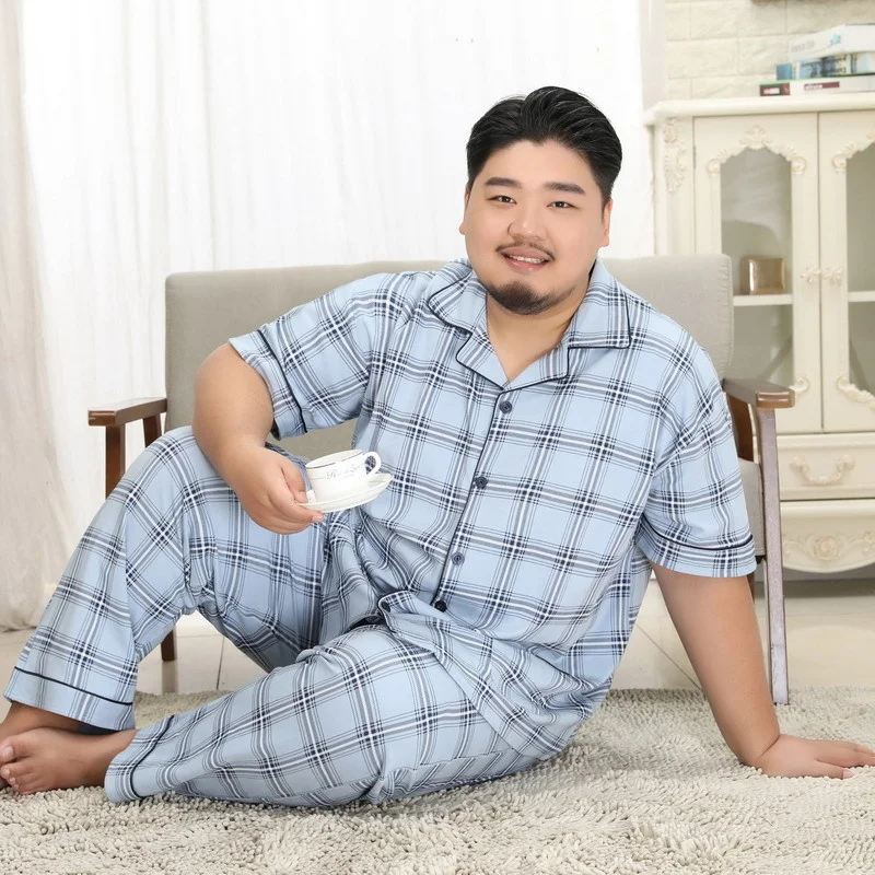 5XL 3XL 4XL Plus Size Cotton Pajamas Set for Men Simple Short-Sleeve + Long Pants Pyjama Suit 140 Kg Fat Guy Home Sleepwear 2Pcs