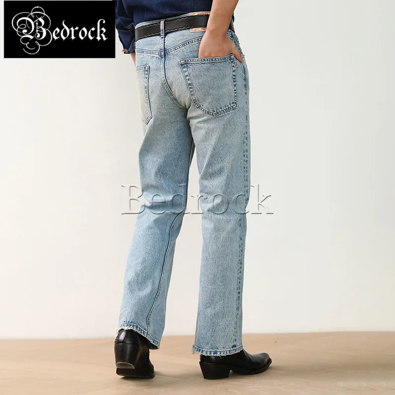 MBBCAR 80's disco culture modern retro flared pants 15oz Bell-Bottoms light blue one washed selvedge denim jeans for men 7436