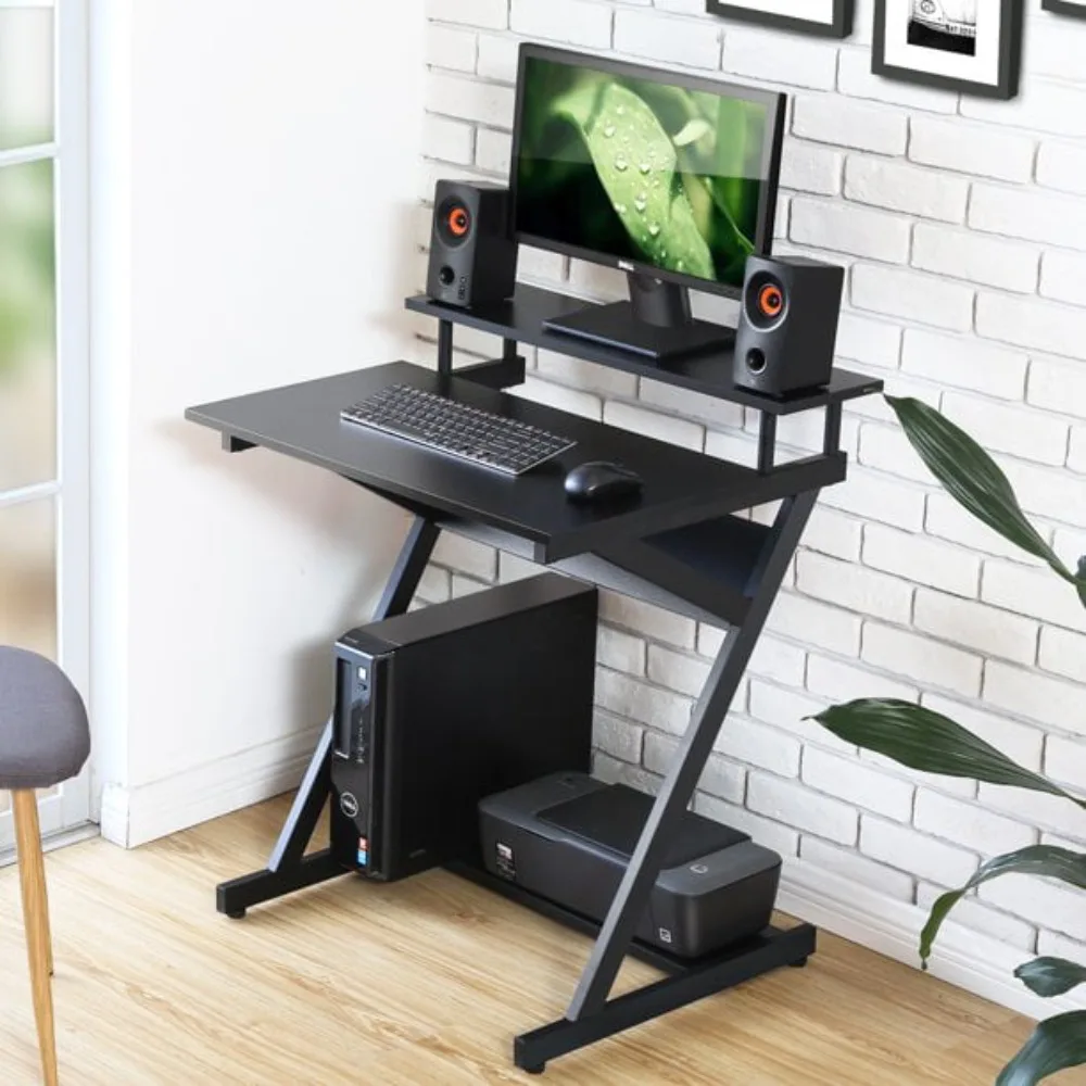 

27-Inch Computer Desk Small Desk with Monitor Shelf & Bottom Storage Shelves Unique Z-Shaped Compact Study Writing Table