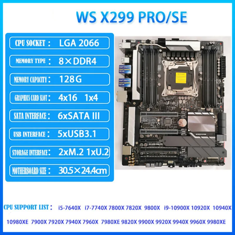 Материнская плата WS X299 PRO/SE для рабочей станции ASUS, материнская плата 2066 ATX DDR4 4133 МГц, двойной M.2 и M.2, радиатор U.2 USB 3,1, два порта поколения