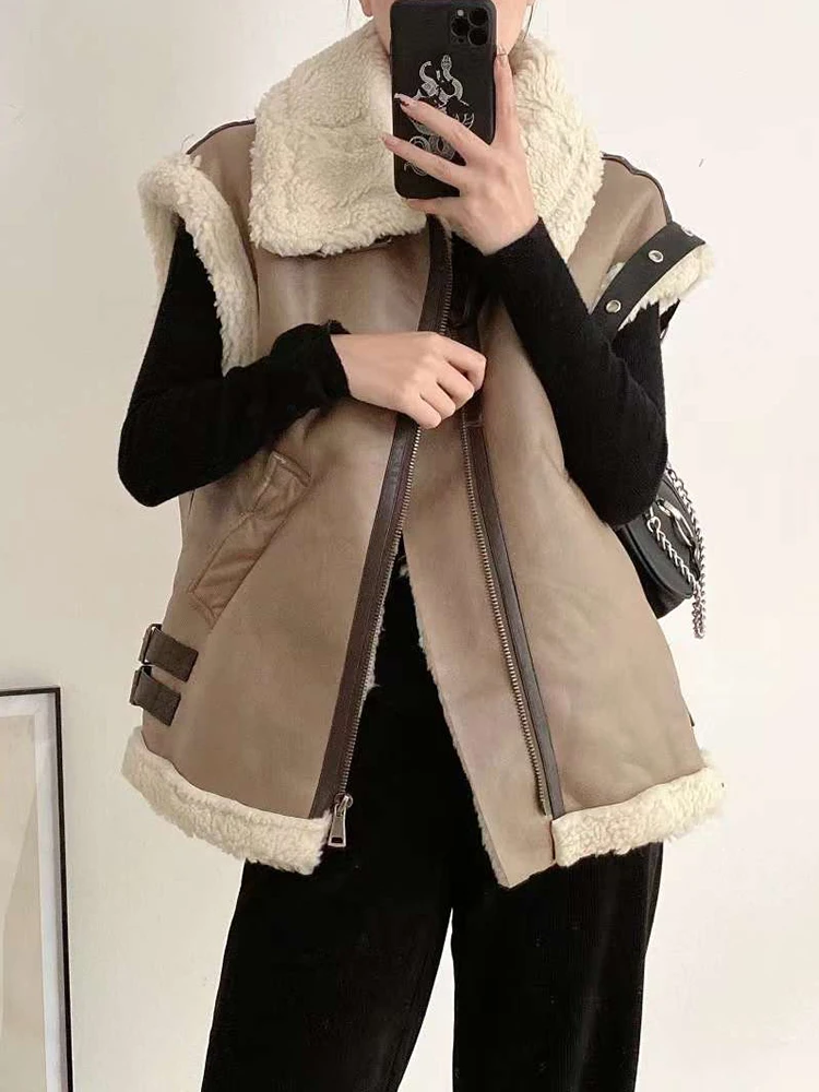 

Ailegogo New Streetwear Female Loose Sleeveless Thick Warm Faux Suede Lamb Leather Fur Vest Autumn Winter Women Zipper Waistcoat