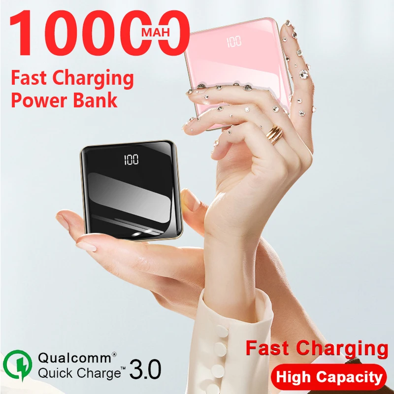 

10000mah Portable Mini Power Bank Mirror Screen Fast Charging USB Type C Cable for Iphone Xiaomi Huawei Phone