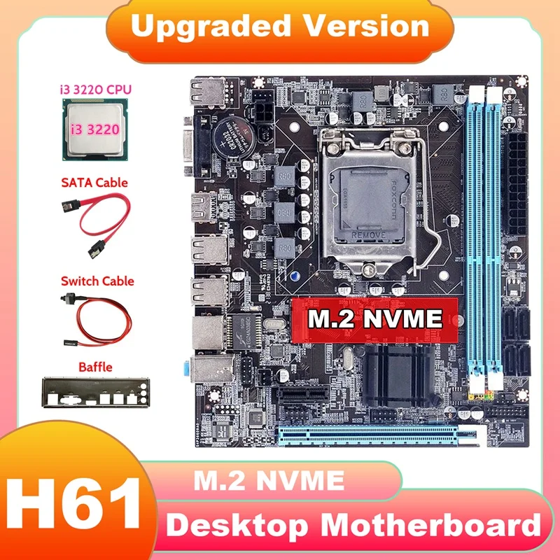 

H61 Motherboard+I3 3220 CPU+SATA Cable+Switch Cable+Baffle LGA1155 M.2 NVME DDR3 For Office For PUBG CF LOL Motherboard