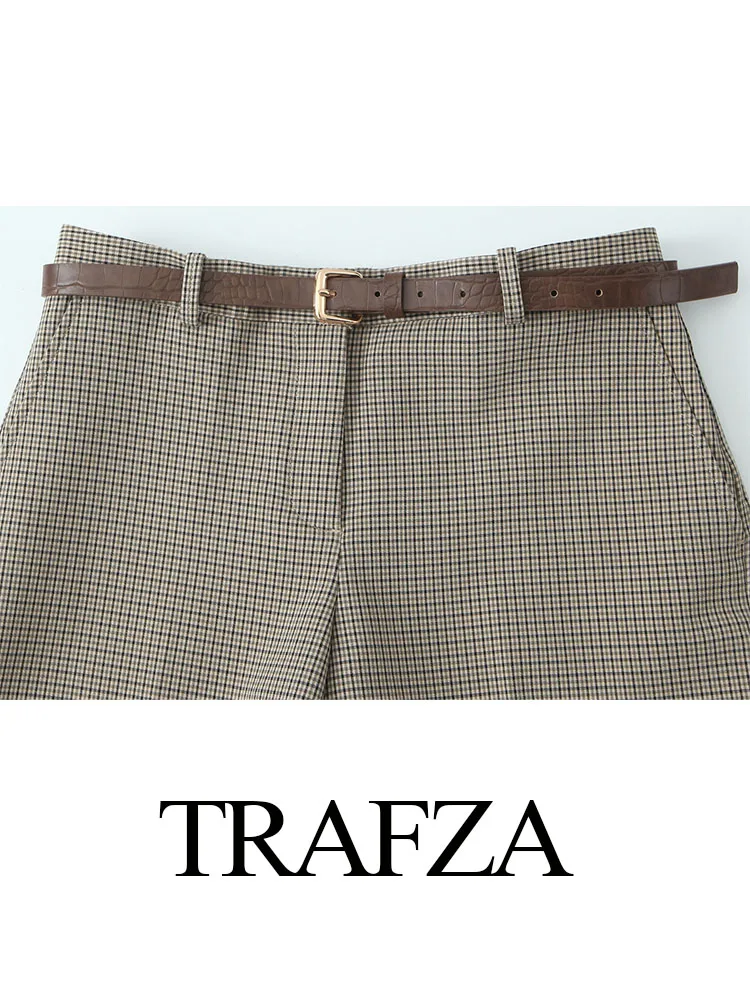 Брюки женские клетчатые с высокой талией на пуговицах молнии