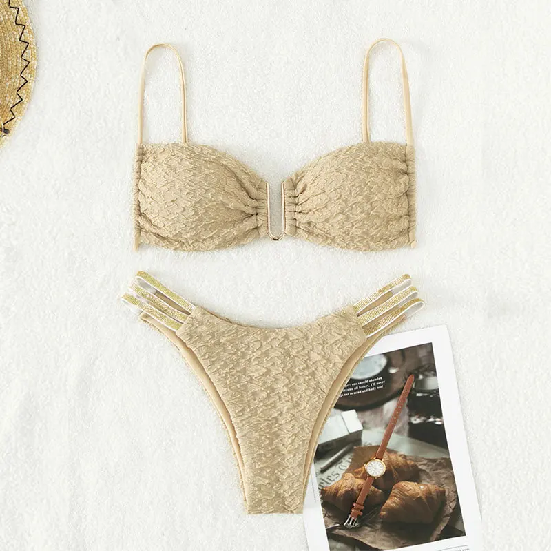 

Spoondrift Sexy Plain Cutout Bikini Set High Cut Swimwear Beige Brazilian Swimsuit Push Up Biquini Women's Beach Fashion 2023