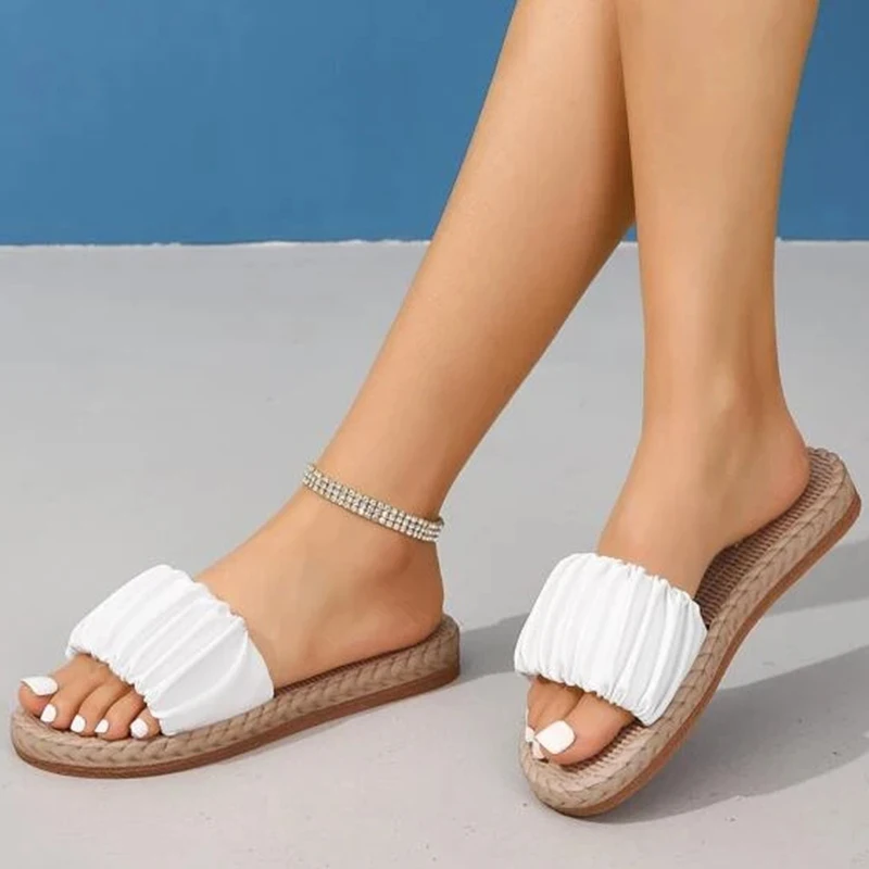 Women Ruched Design Single Band Slides Vacation White Slides 2023 New Sexy Mature Shoes Ladies Open Toe Female Slippers